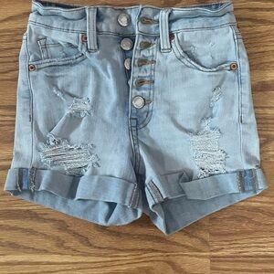 Aero super high rise midi 000 light wash distressed jean shorts